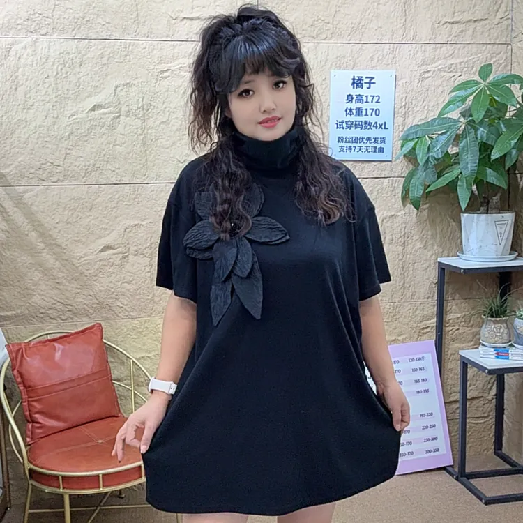 2356-25#欧潮明娟新款大码立体花朵短袖T恤女宽松显瘦百搭上衣