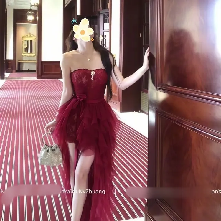 圣诞主题复古蕾丝加绒包臀裙拖尾长款性感时尚气质套裙