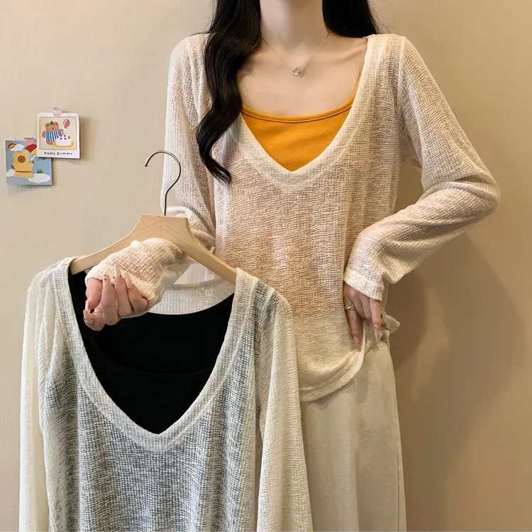 韩系肌理感透气长袖罩衫背心夏季大码显瘦两件套3358