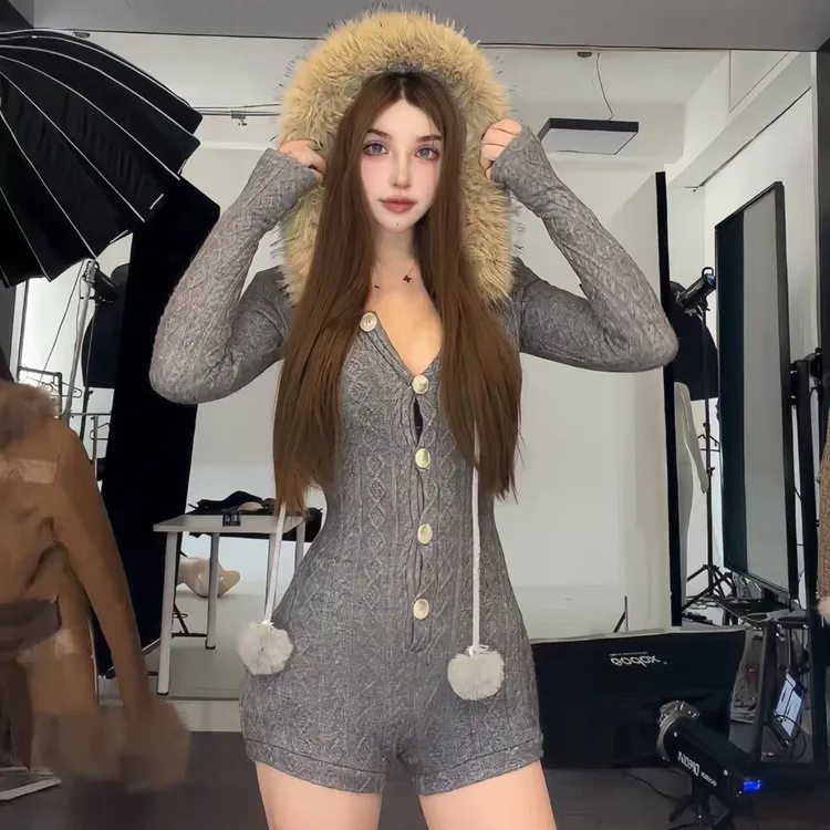 龙牙童推荐【日韩曲线】显瘦灰色韩版针织开衫百搭风针织连体裤气质