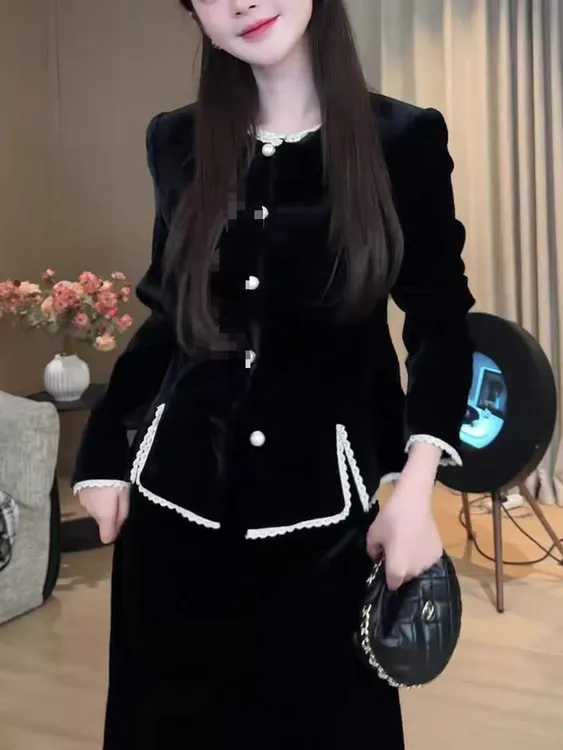 法式时尚优雅丝绒衬衫拼接蕾丝显瘦洋气花边上衣8261长袖