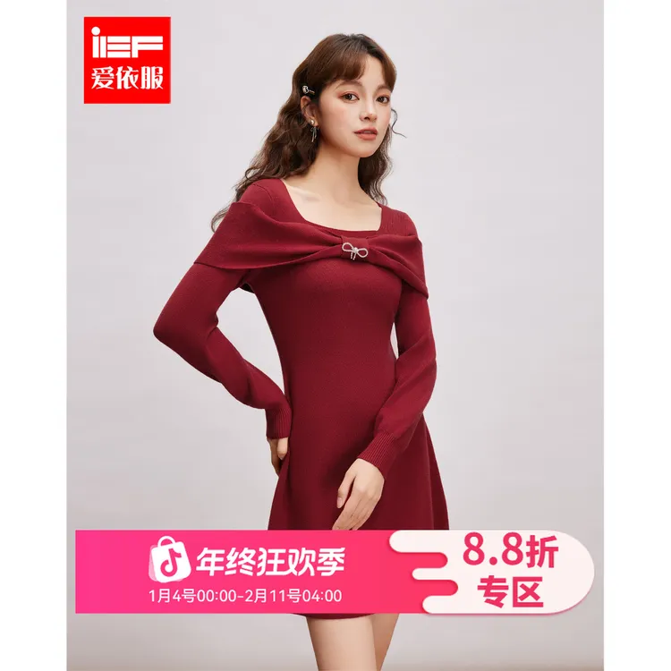 IEF/爱依服2025新款冬季加厚氛围感约会蝴蝶结毛织连衣裙
