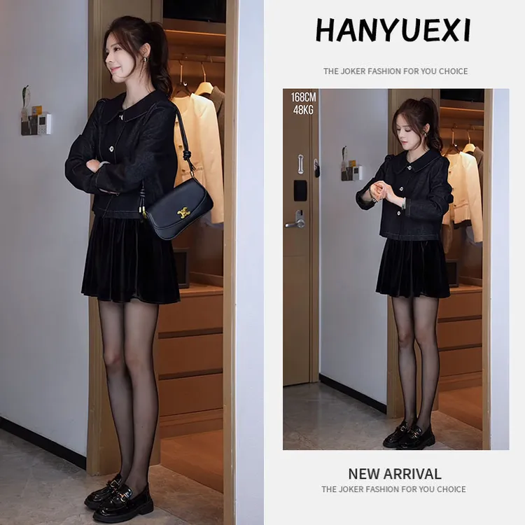 秋季时尚一整套女装2025新款气质翻领牛仔衬衫外套丝绒短裙两件套