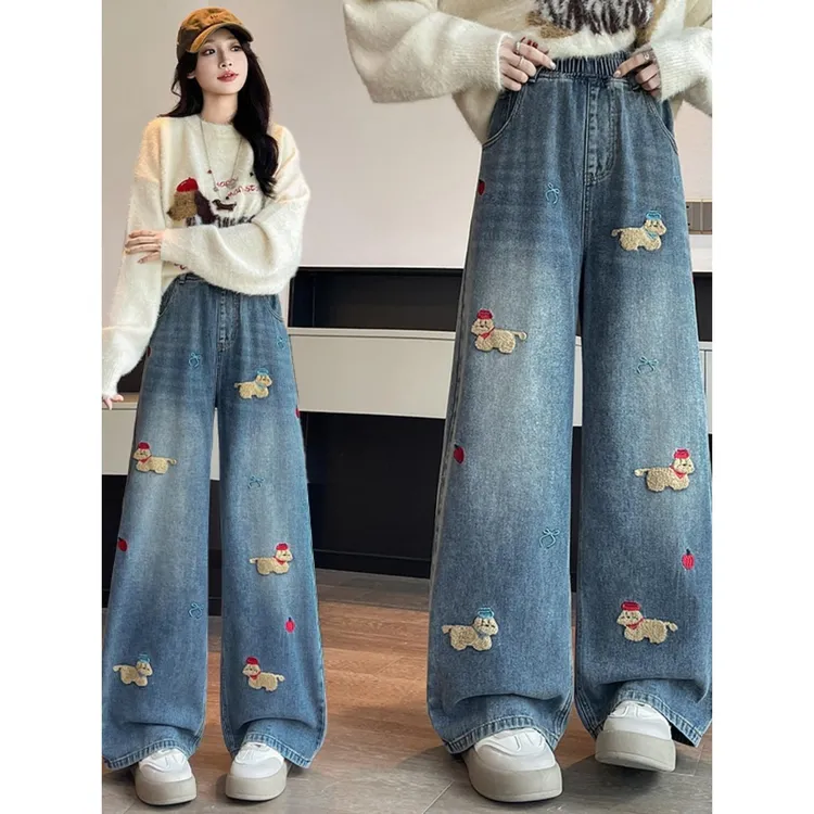 冬季加绒牛仔裤女日系小狗刺绣大码高腰宽松阔腿裤显瘦保暖拖地裤