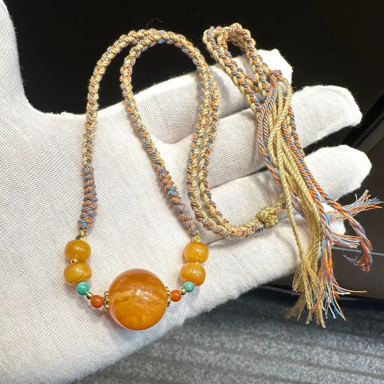 花蜡蜜蜡项链锁骨链18mm多宝复古项链时尚编绳百搭编织