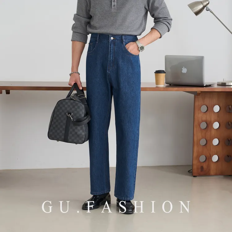 GU FASHION基础原色复古牛仔裤男士高腰直筒廓形小资百搭休闲长裤