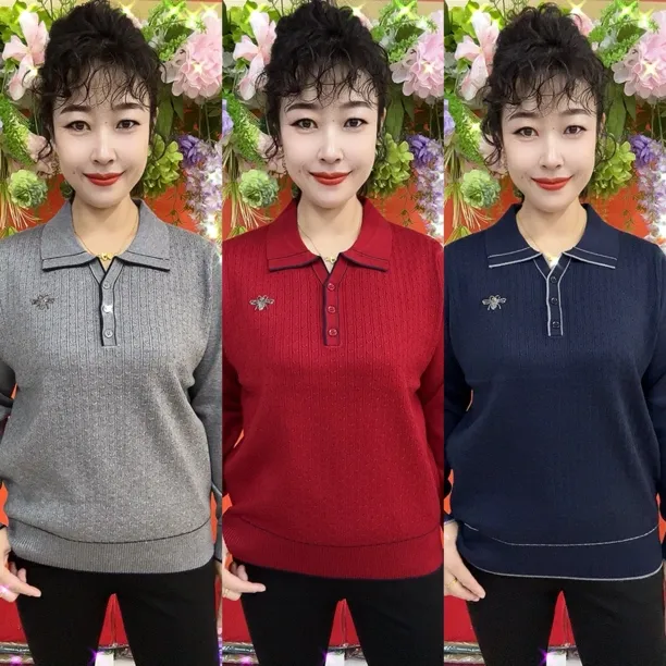 翻领长袖常规针织极简风毛针织衫中老年妈妈装春秋