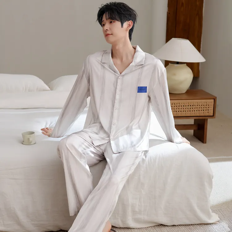 YIHAN-睡衣男士春秋新款冰丝长袖家居服男款仿真丝夏季薄款高级感