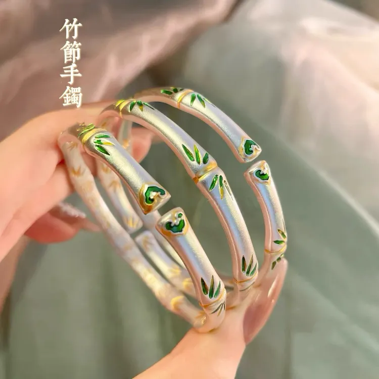 足银珐琅手镯 【 绿 竹】新中式手工描金吉言开口竹节手镯送女友礼