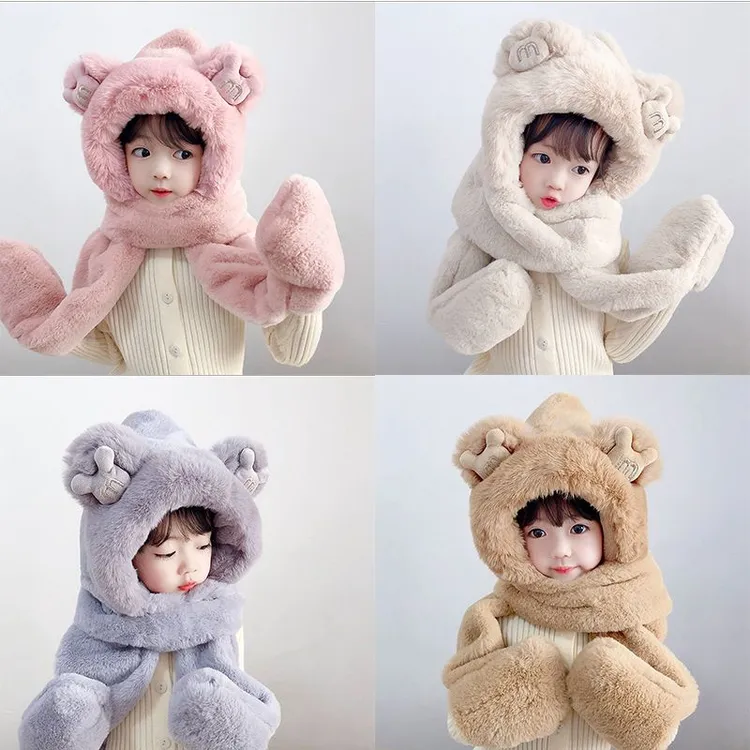 儿童帽子围巾手套一体2026新款秋冬季加绒加厚男女童保暖防风帽N