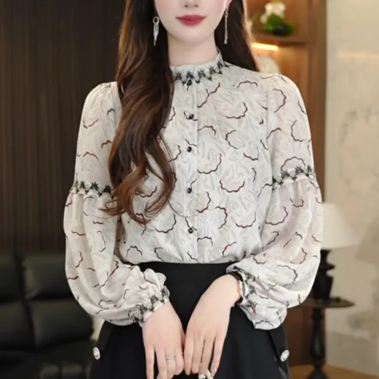 法式立领印花长袖衬衫女士春秋2025新款春装衬衣女气质宽松上衣夏