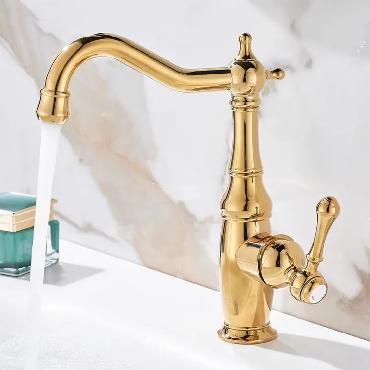可旋转法式轻奢金色水龙头冷热单孔欧式黄铜卫生间浴室柜面盆龙头