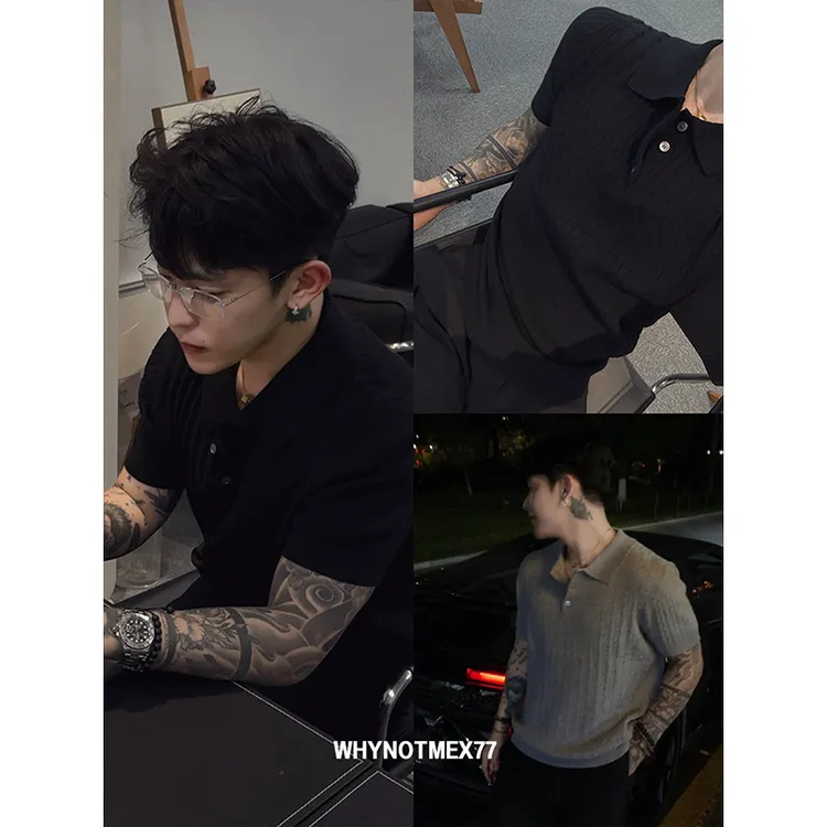 【序77】编织绞花纹理老钱风海鸥领针织polo衫男短袖夏季半袖