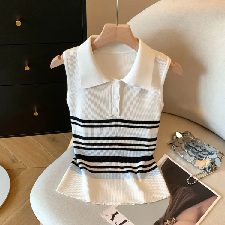 韩版条纹Polo领针织背心女夏季外穿百搭简约修身显瘦短款无袖上衣