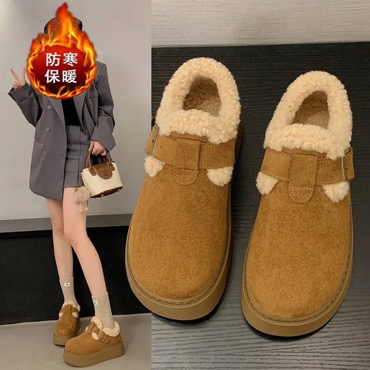 爆款勃肯鞋女款2025冬季新款百搭一脚蹬棉鞋加绒面包鞋厚底雪地鞋