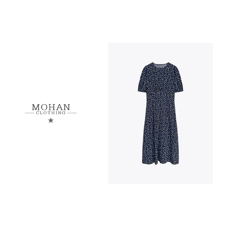 CLOTHING/墨含法式复古碎花藏蓝色显瘦显白百搭气质连衣裙AMF39