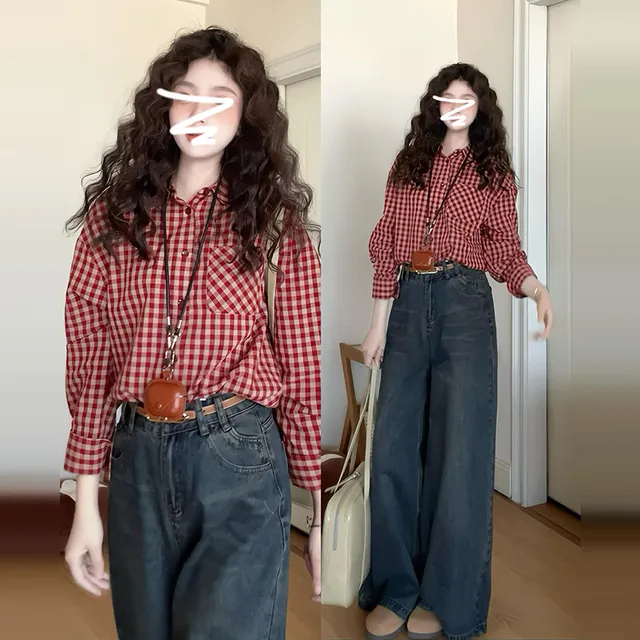 港风复古红色格子长袖衬衫上衣女夏季韩系慵懒风衬衣防晒开衫外套