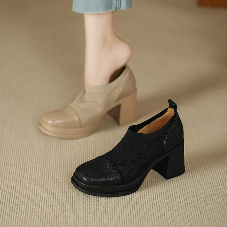 软羊皮~7cm粗跟高跟鞋真皮一脚蹬懒人鞋25秋季新款弹力深口单鞋