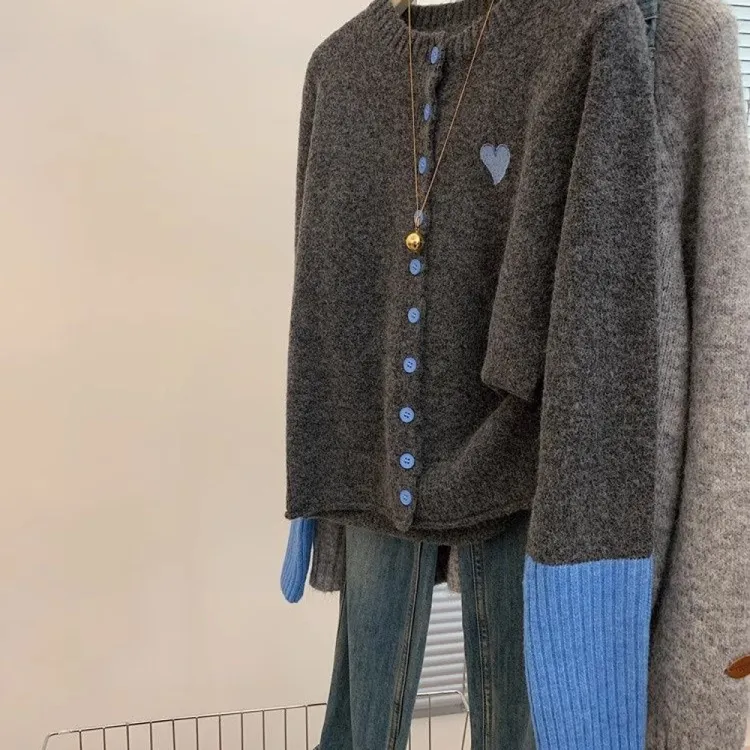 爱心灰色针织开衫毛衣女小个子加厚秋冬内搭可外穿打底衫高级感