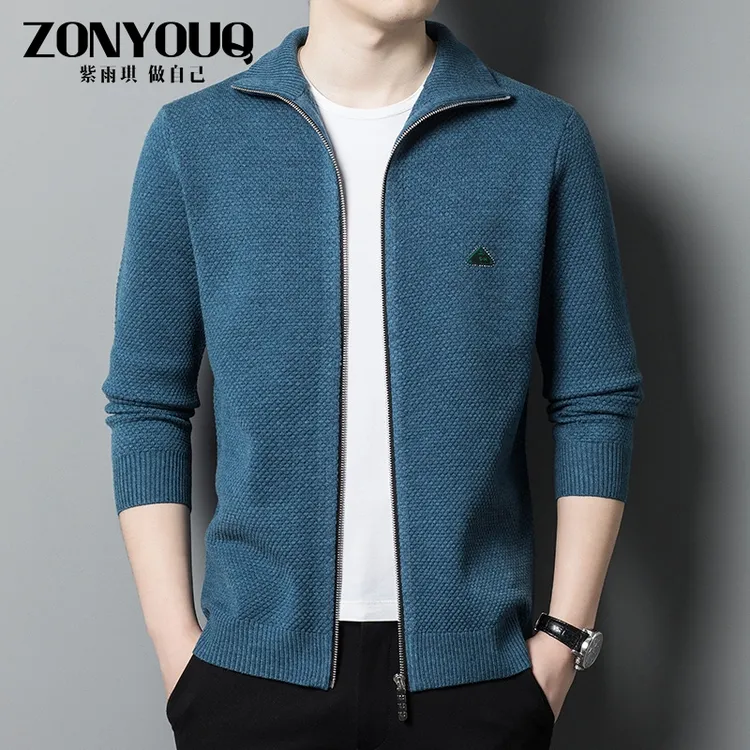 高端春秋无针织开衫男韩青年时尚休闲拉链款修身大翻领毛衣外套