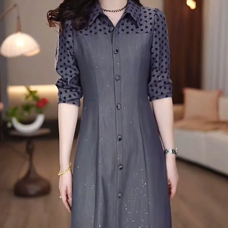 高档纯色假两件连衣裙女2025春季新款洋气修身显瘦中长款过膝裙子