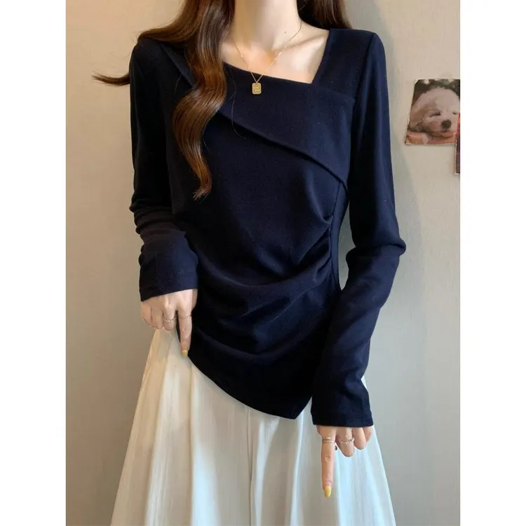独特不规则长袖T恤女春秋大码胖mm藏青色设计感内搭遮肉打底上衣