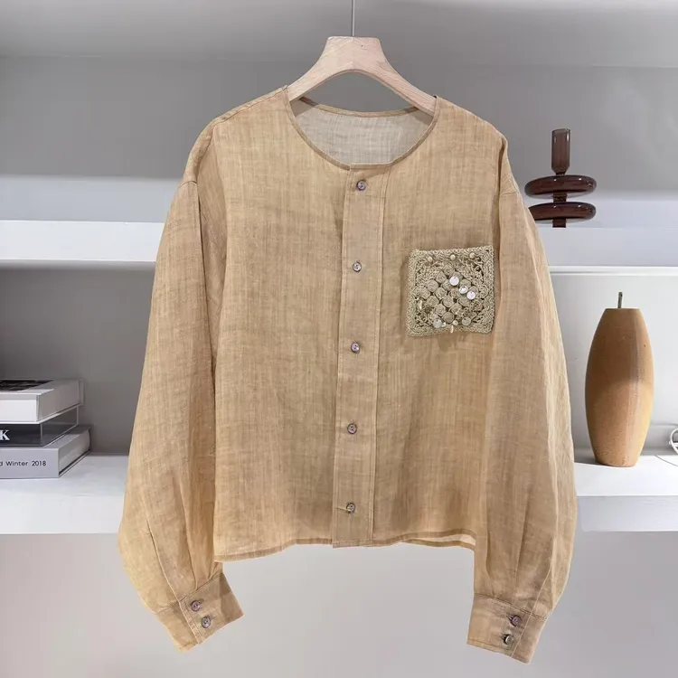 JIUJIU【浮萤】气质圆领长袖时尚休闲百搭潮流春夏宽松防晒衬衫