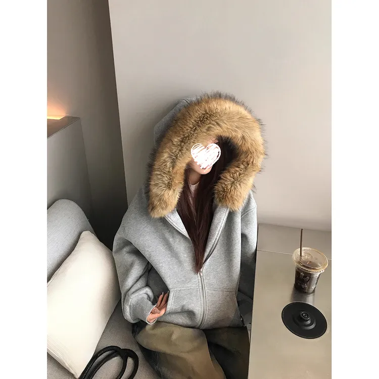 秋冬新款宽松韩系薄绒大毛领卫衣开衫外套长袖上衣 60982