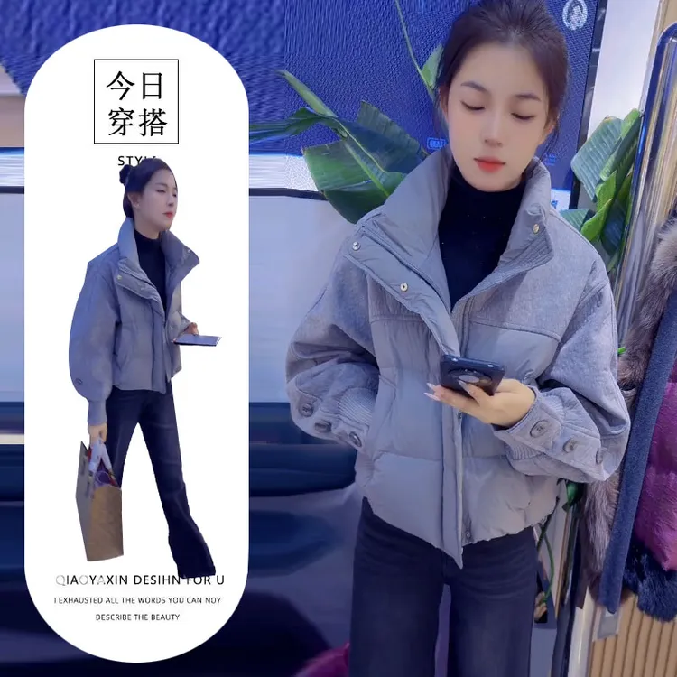 灰色设计感洋气拼接棉服女2025冬季时尚复古立领保暖棉袄外套
