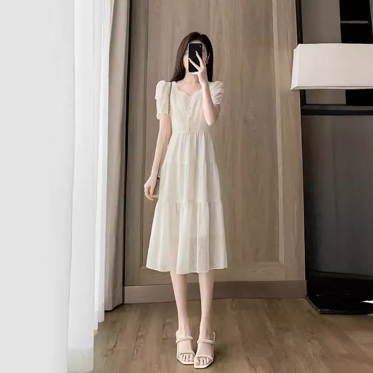 法式浪漫复古时髦洋气2024年收腰白色连衣裙透气轻薄短袖中长款裙