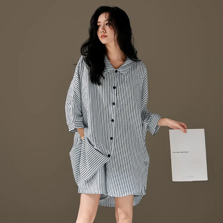 夏季薄款棉纱短袖长裤睡衣女三件套宽松条纹休闲服套装大码胖MM
