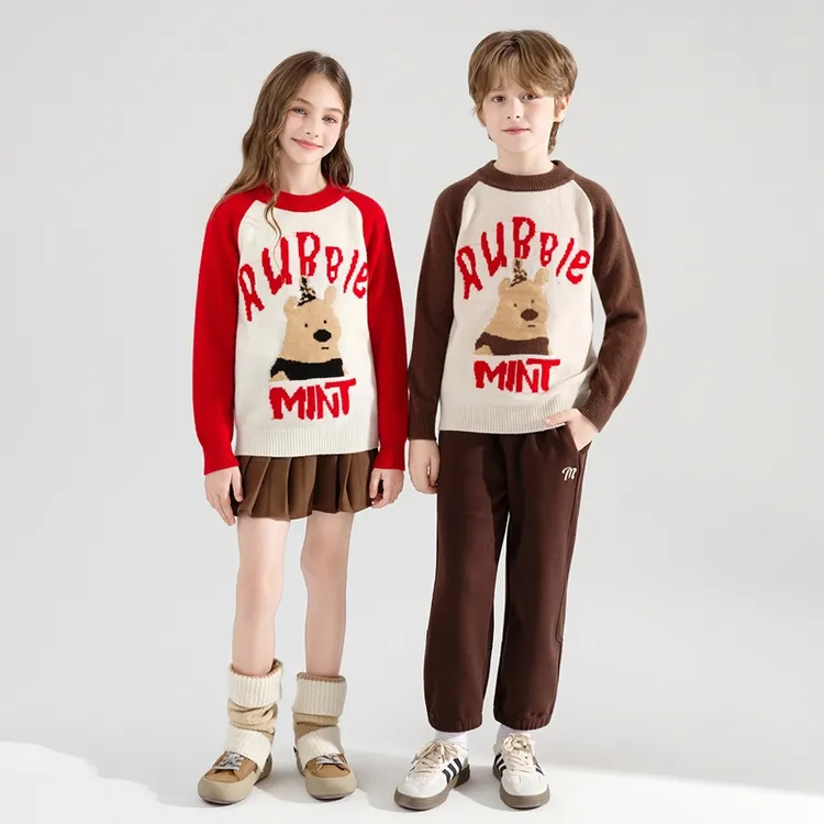 25新款加厚羊绒衫男女童插肩拼接双色小熊针织毛衣外穿内搭炸街款