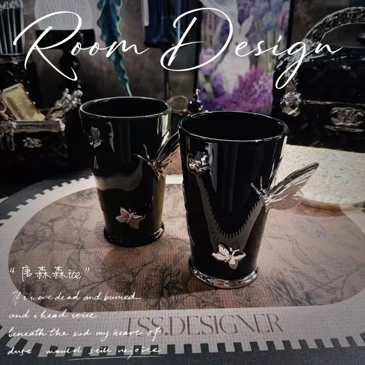 【唐森森设计】700ML高温釉下彩半立体蝴蝶水杯漱口杯喝水家用摆件