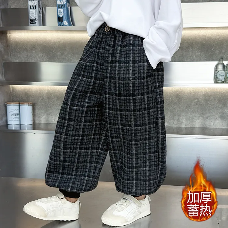 男童加绒裤子2025新款小男孩休闲裤儿童加厚格子裤宝宝冬装长裤潮