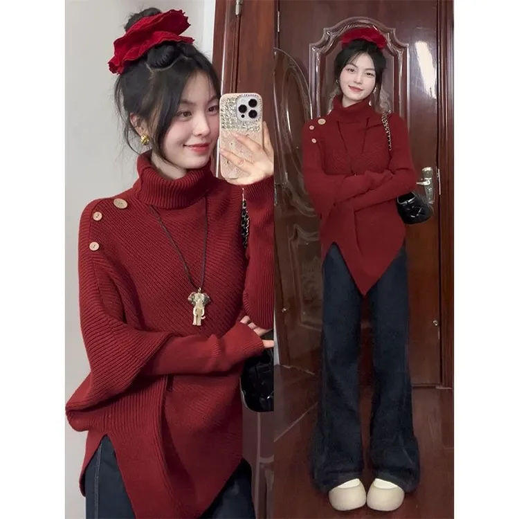 新年衣服一整套2025新款红色不规则针织高领毛衣复古牛仔裤两件套