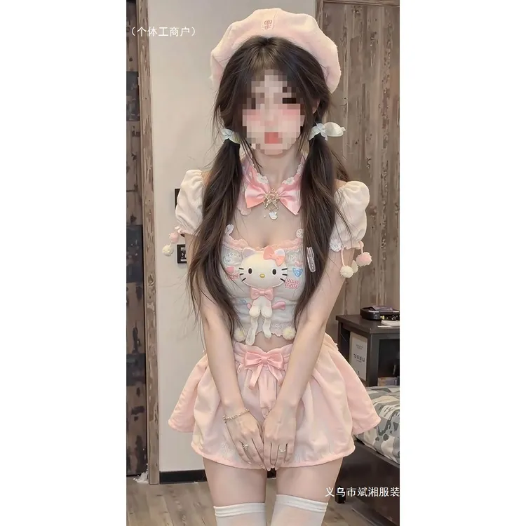 氨纶30%可爱JK制服甜美夏季新款短袖上衣蝴蝶结短裙高腰蓬蓬套装