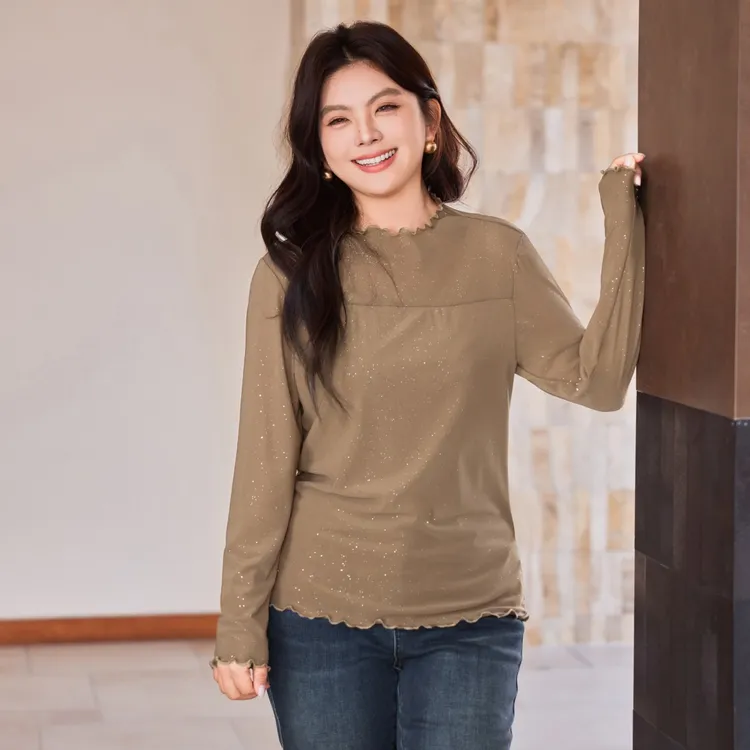 【轻暖弹力闪粉T恤】MsShe大码女装冬装半高领打底衫上衣B2509011