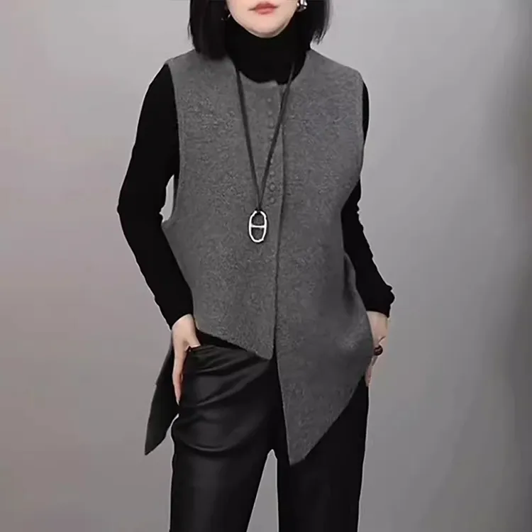 灰色针织马甲开衫女秋冬高级感设计感不规则叠穿坎肩无袖毛衣上衣