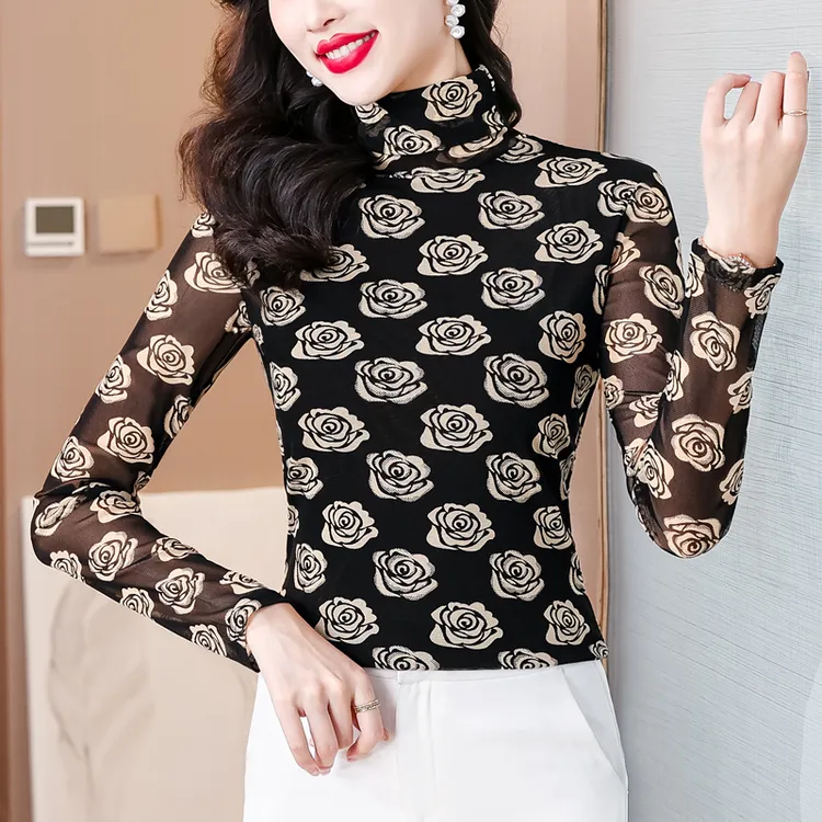 【粉丝专享】（不定位花）长袖打底衫女气质高领显瘦内搭印花法式T恤