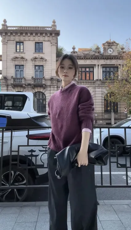 20秋冬新款韩系高级感韩系紫色圆领针织毛衣高腰阔腿裤高质感套装
