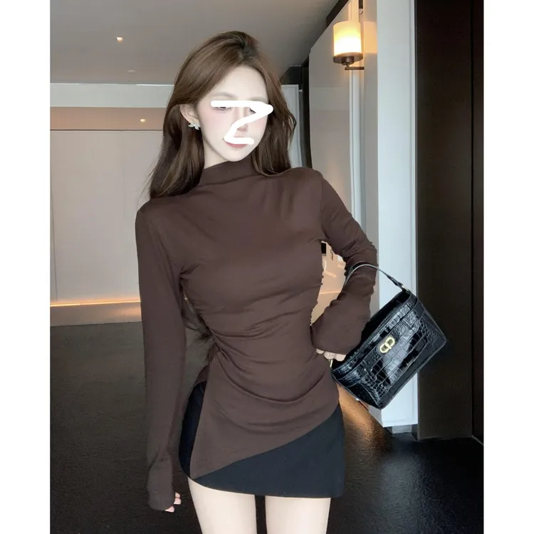 YIDENG显瘦加绒打底衫秋冬季半高领褶皱不规则开叉长袖T恤女