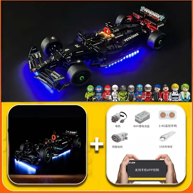 【动态送灯光送人仔】梅赛德斯奔驰F1方程式赛车积木跑车机械组男孩