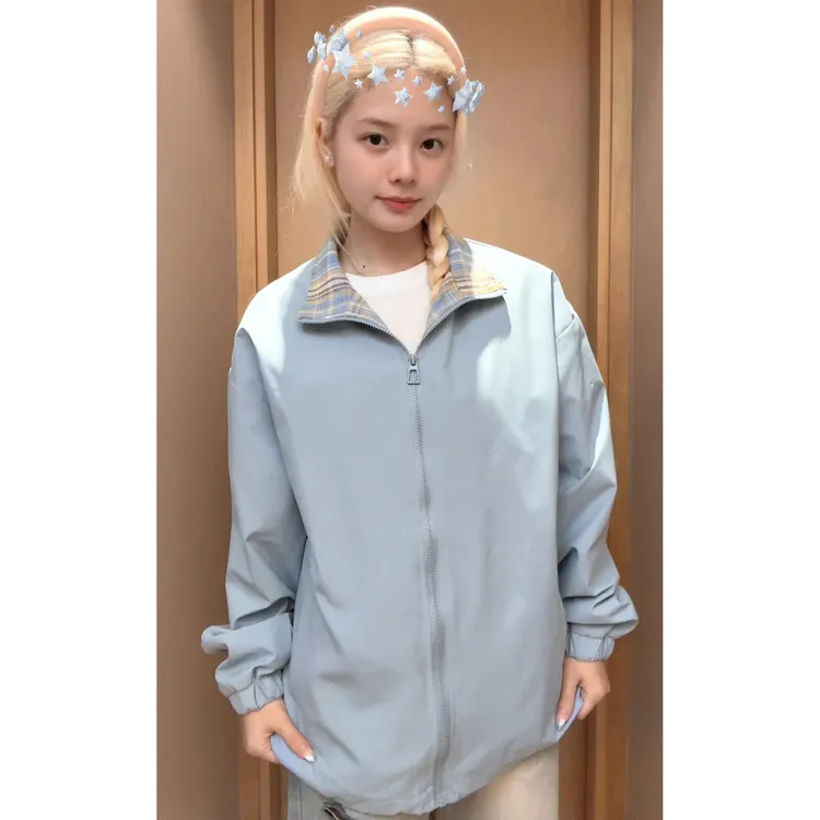 蓝色格子拼接翻领夹克男女秋季美式复古高级感廓形棒球服情侣外套