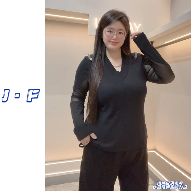 JF定制大码女装20728性感轻熟风肩带网纱拼接修身弹力百搭打底衫