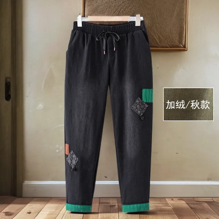 秋冬妈妈刺绣弹力松紧牛仔女减龄中老年加绒保暖牛仔裤女胖mm显瘦