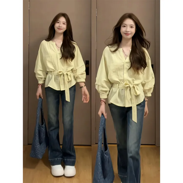 2025新款女士早秋季复古黄色V领系带长袖收腰显瘦衬衫上衣阔腿裤