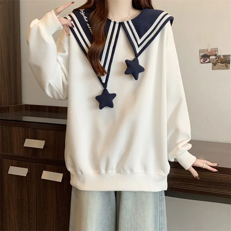 时尚新款大码学院风时尚减龄长袖上衣特大码300斤秋季撞色卫衣