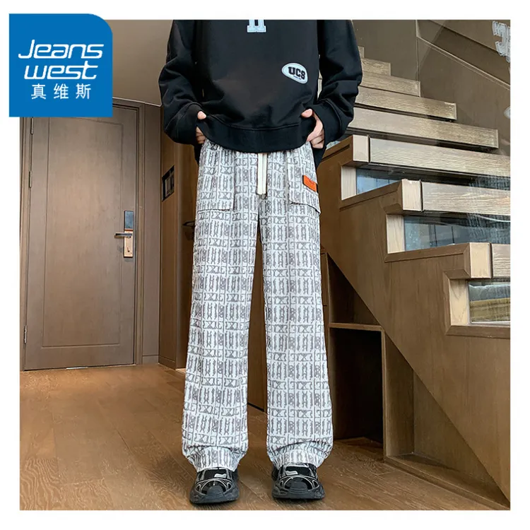 真维斯秋装轻奢痞帅印花宽松直筒裤休闲裤男潮痞帅阔腿裤长裤子