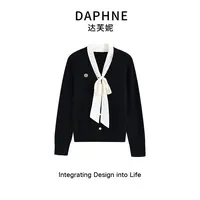 Daphne/达芙妮 秋季时尚小香风设计感飘带V领针织羊毛上衣1477