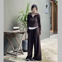 Gielgie/吉即【摩卡】拼色连帽假两件休闲裤套装